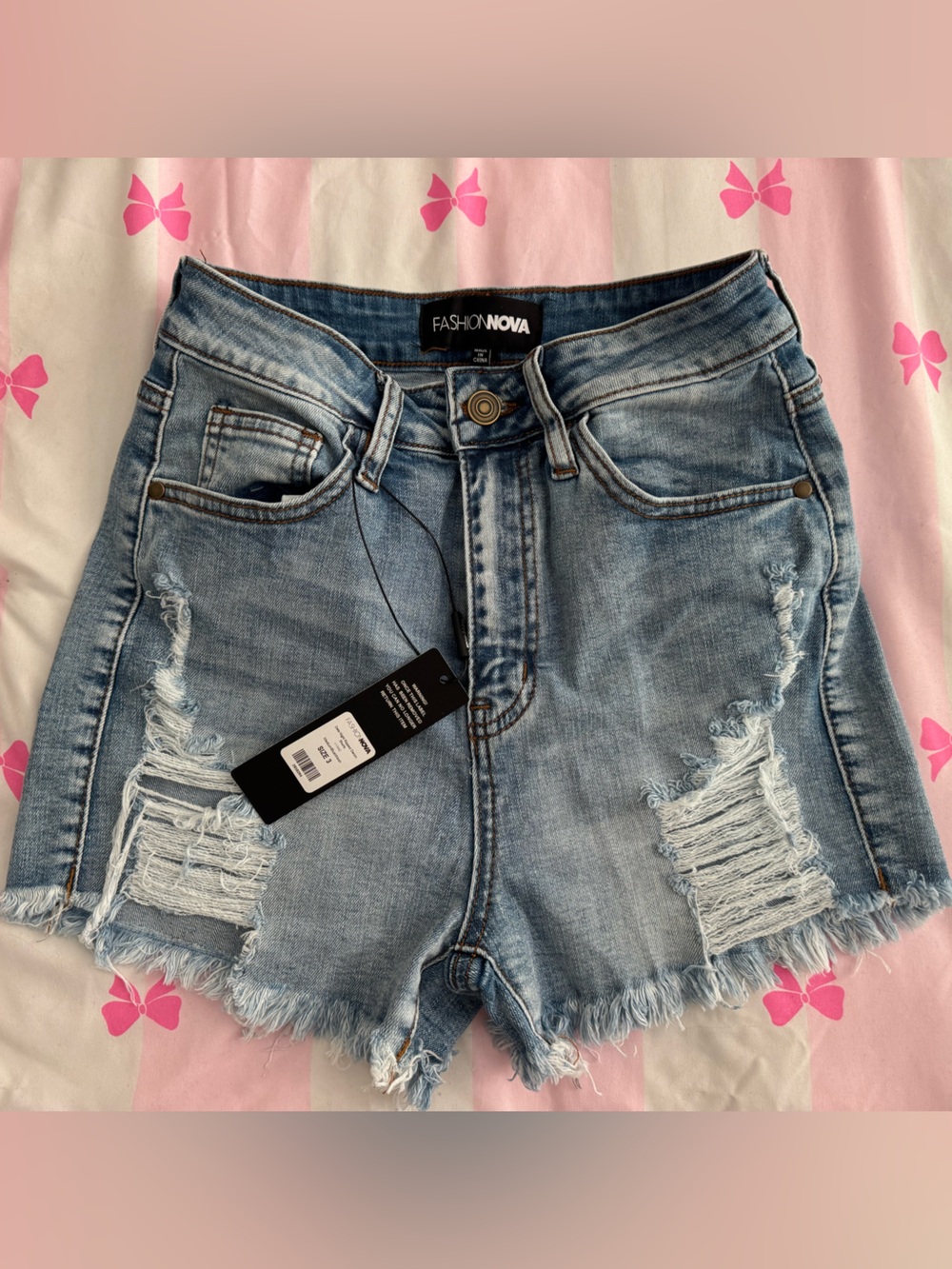 Fashion Nova Light Blue Distressed High-Rise Denim Shorts